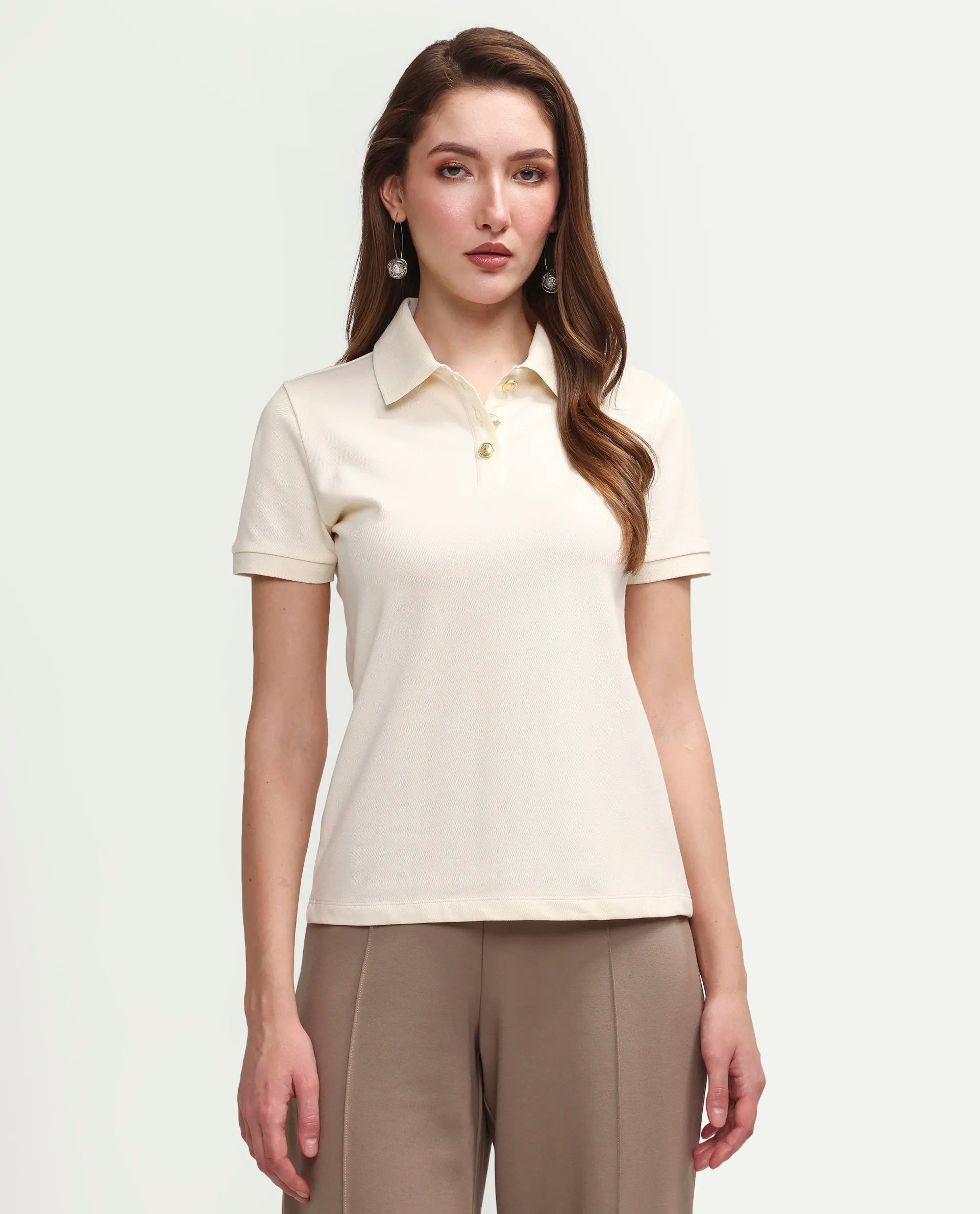 Rareism Women's Zana Off White Cotton Lycra Half Sleeve Regular Fit Plain Polo