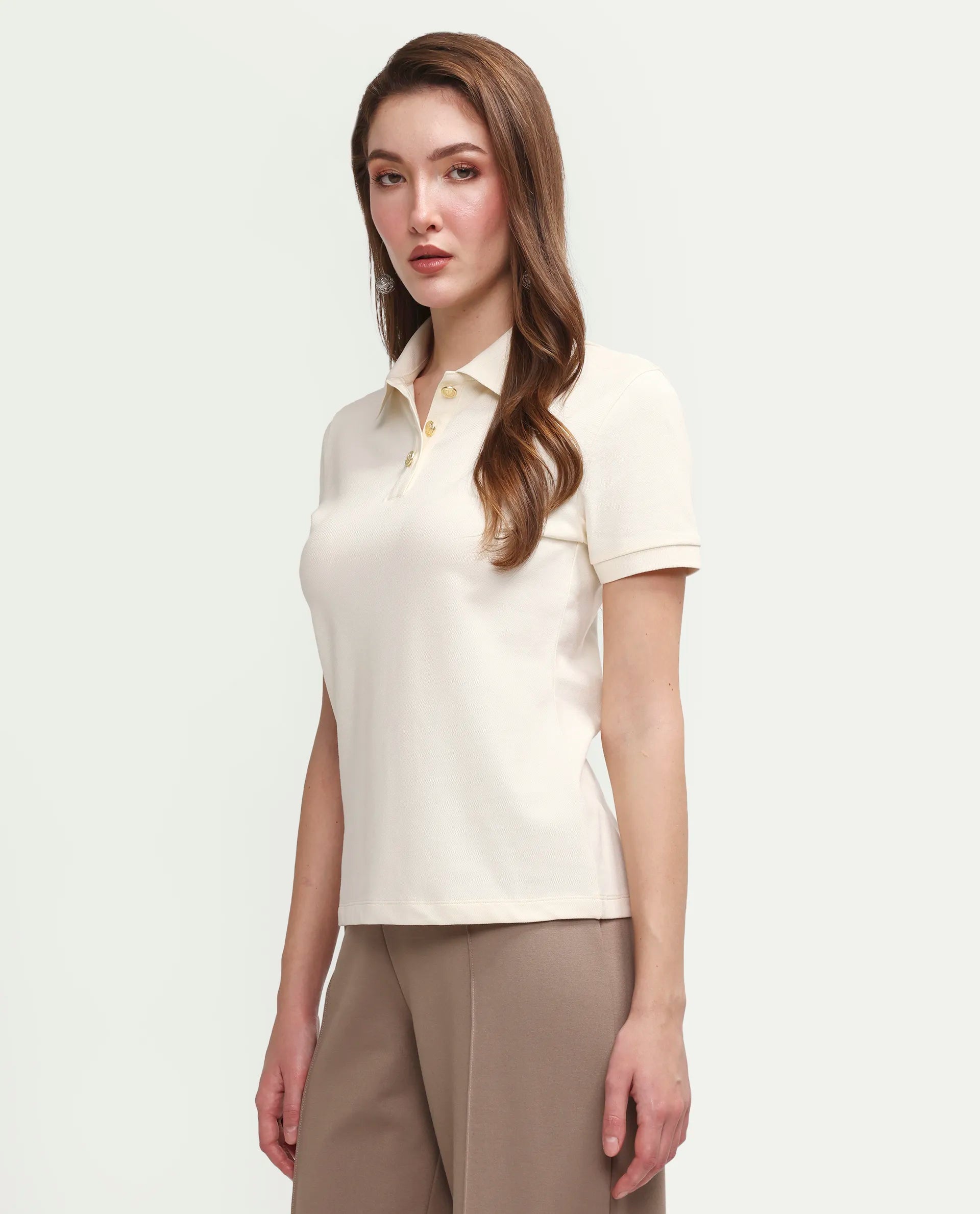 Rareism Women's Zana Off White Cotton Lycra Half Sleeve Regular Fit Plain Polo