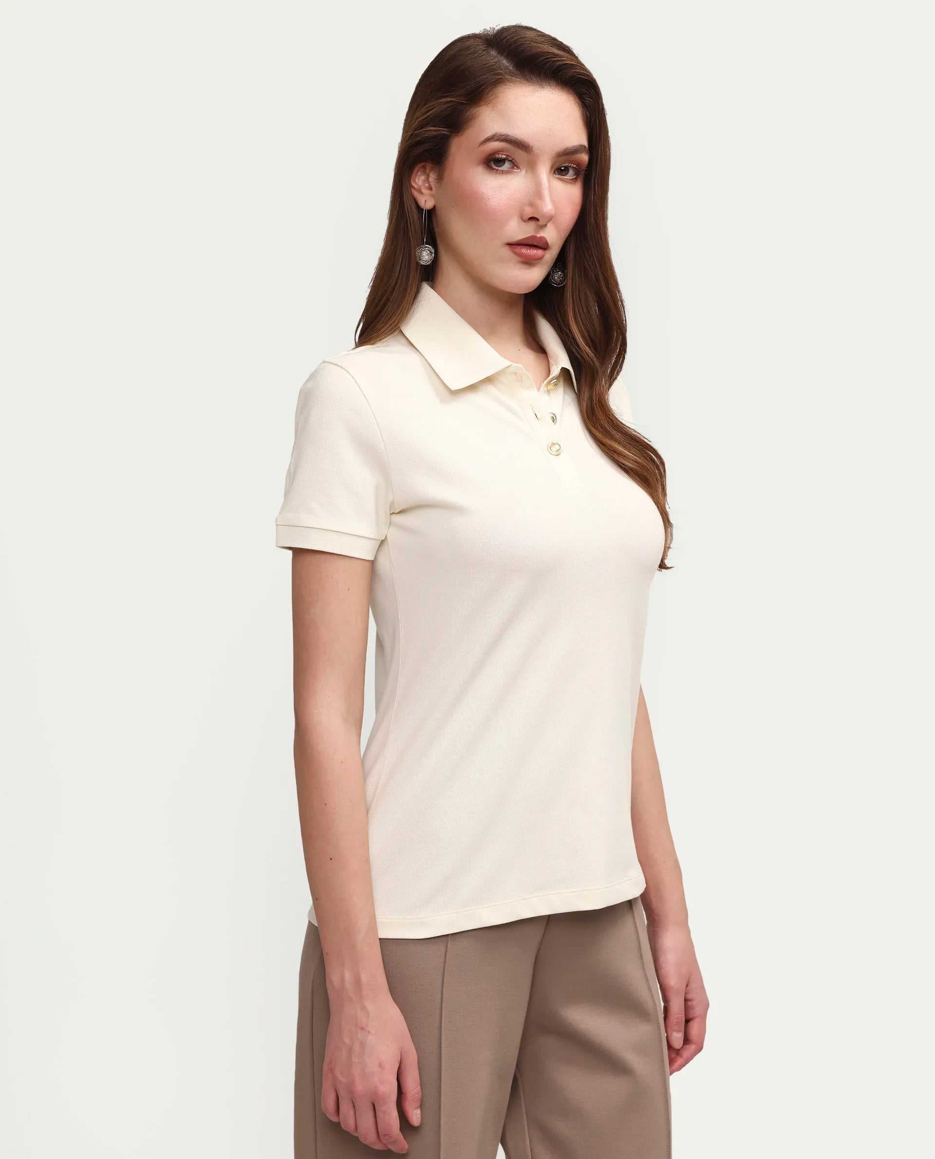 Rareism Women's Zana Off White Cotton Lycra Half Sleeve Regular Fit Plain Polo