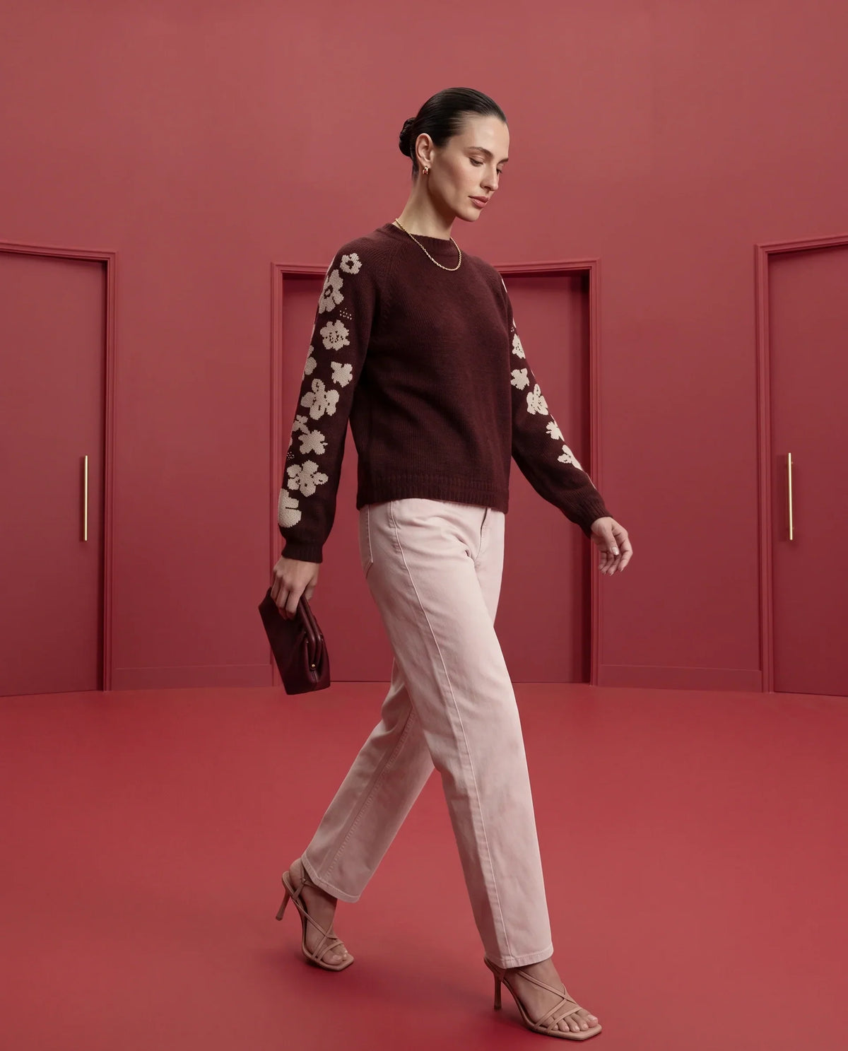 Rareism Women's Zaneaw26 Dark Maroon Acrylic Blend Pull-On Relaxed Fit Floral Print Sweater