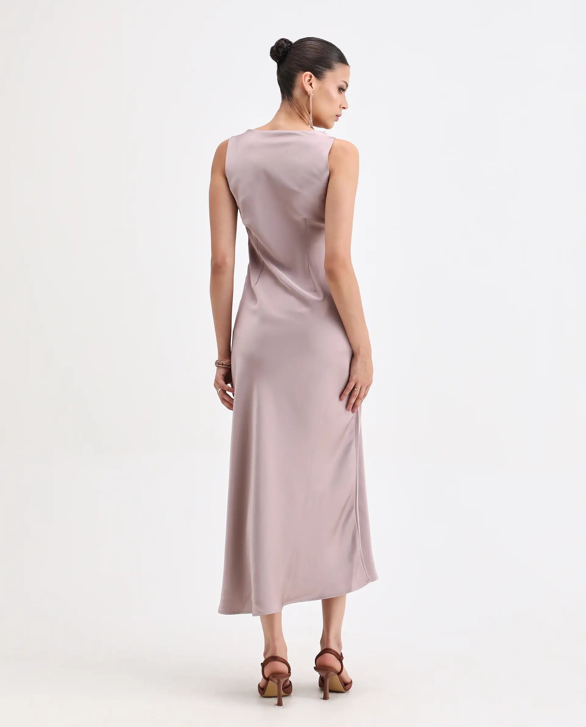 Rareism Women's Zarina Dusky Beige Polyester Cowl Neck Plain Sleeveless Maxi Straight Fit Dress