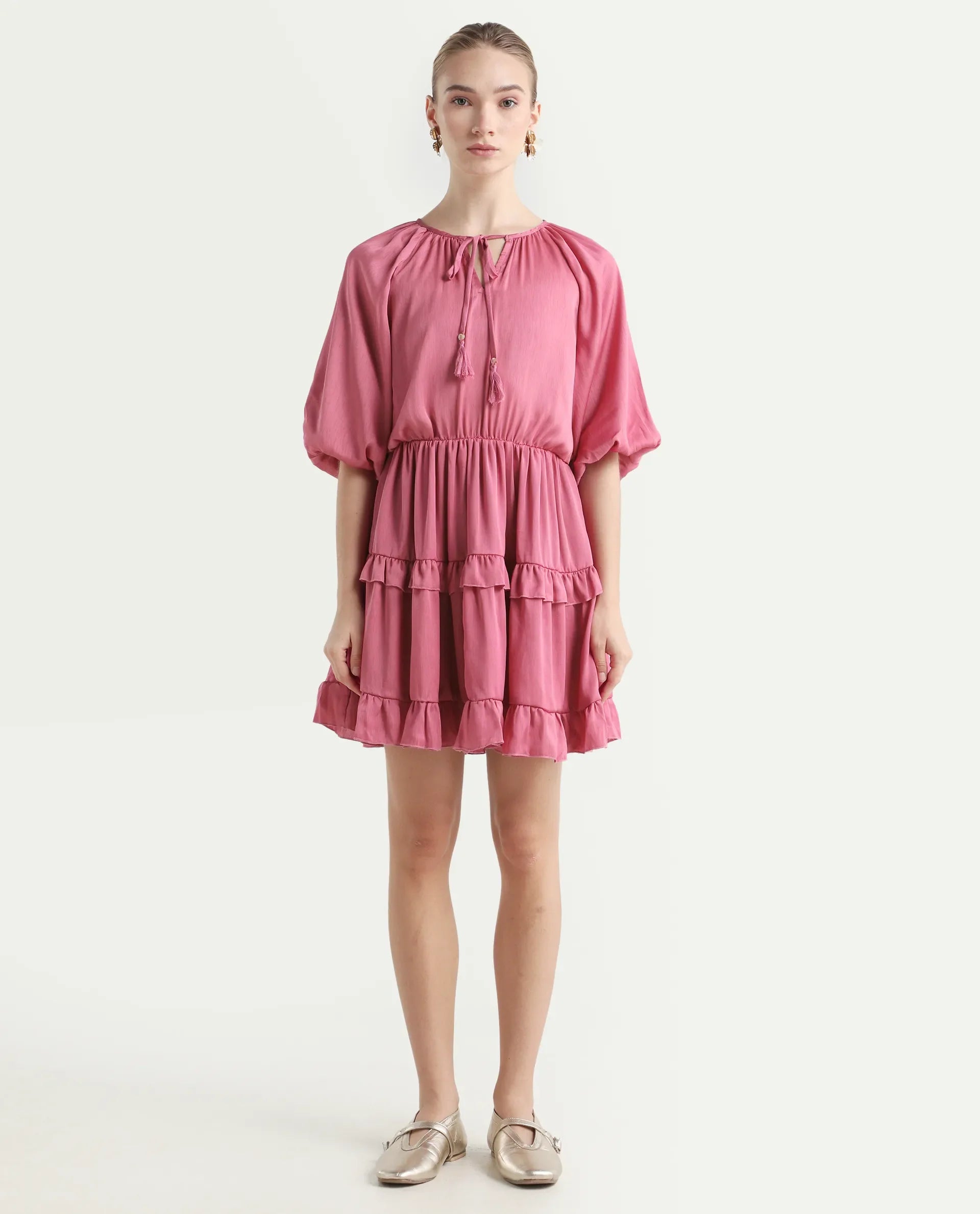 Rareism Women's Zeke Pink Polyester Tie-Up Neck Plain Raglan Sleeve Mini Regular Fit Dress