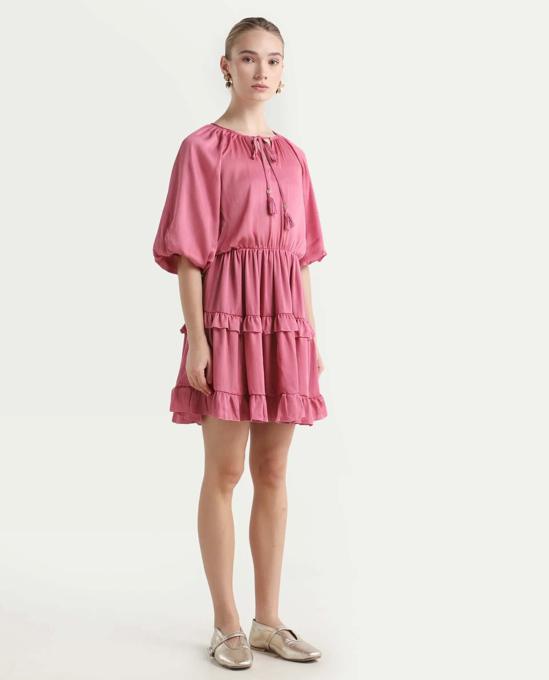 Rareism Women's Zeke Pink Polyester Tie-Up Neck Plain Raglan Sleeve Mini Regular Fit Dress