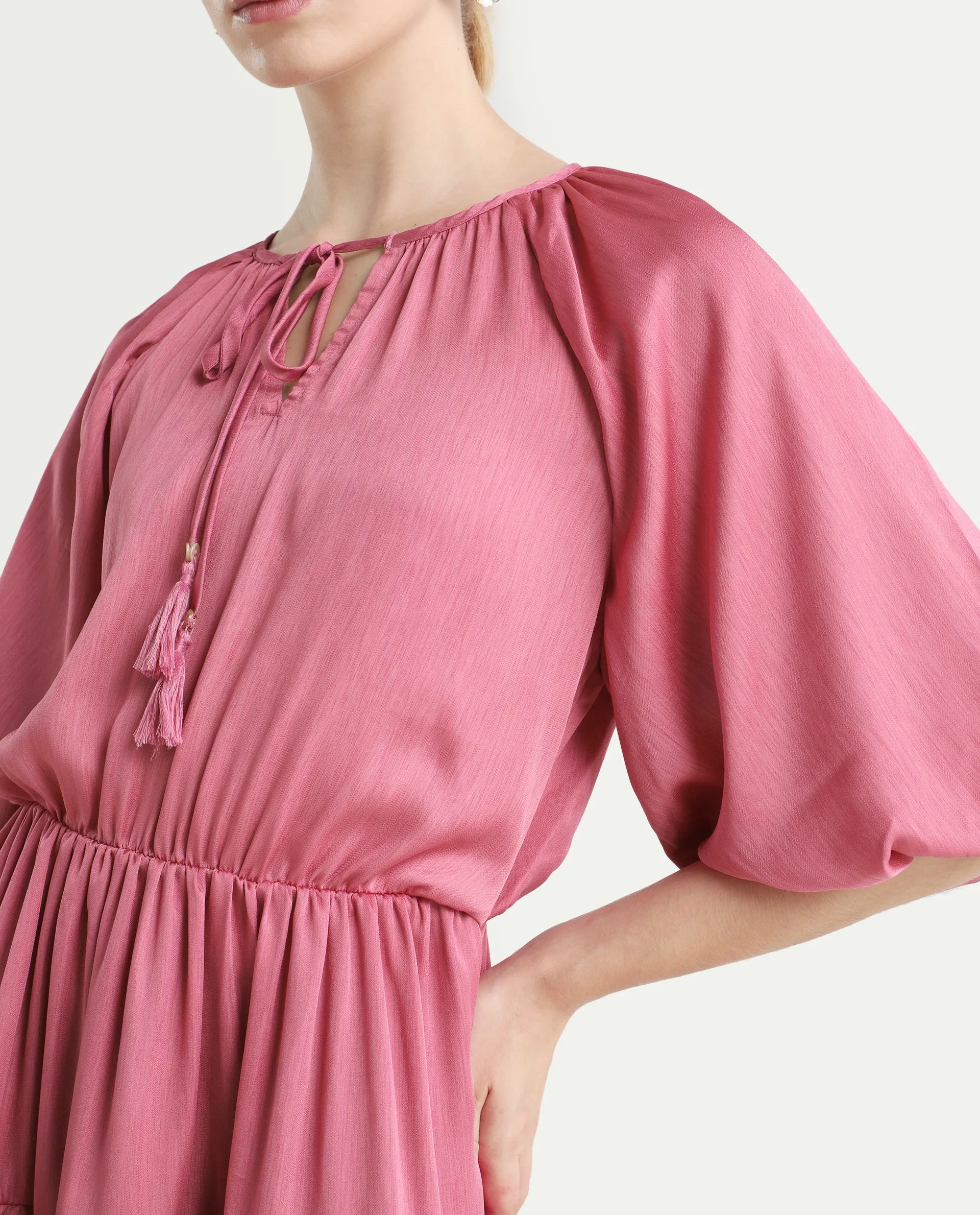 Rareism Women's Zeke Pink Polyester Tie-Up Neck Plain Raglan Sleeve Mini Regular Fit Dress