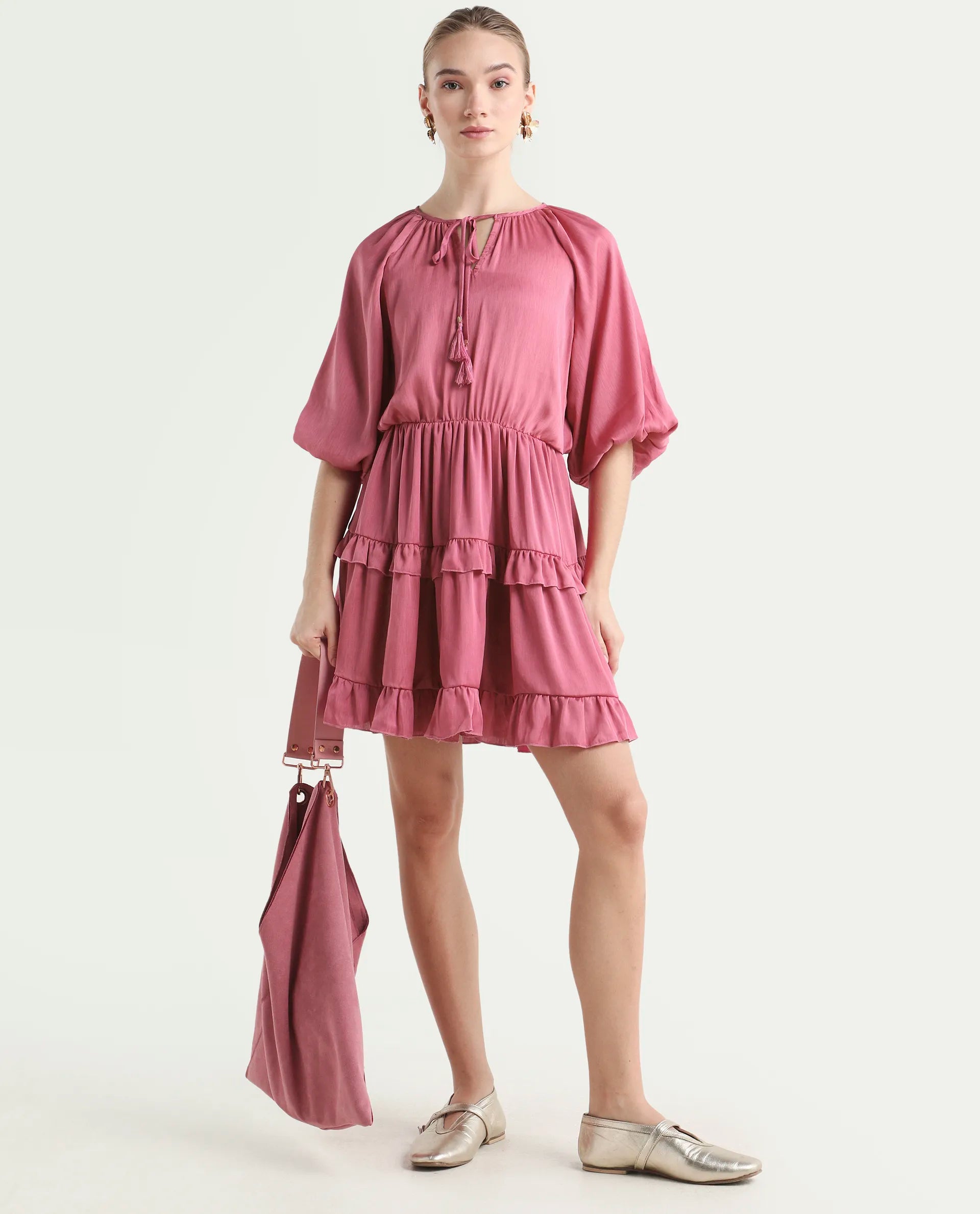 Rareism Women's Zeke Pink Polyester Tie-Up Neck Plain Raglan Sleeve Mini Regular Fit Dress