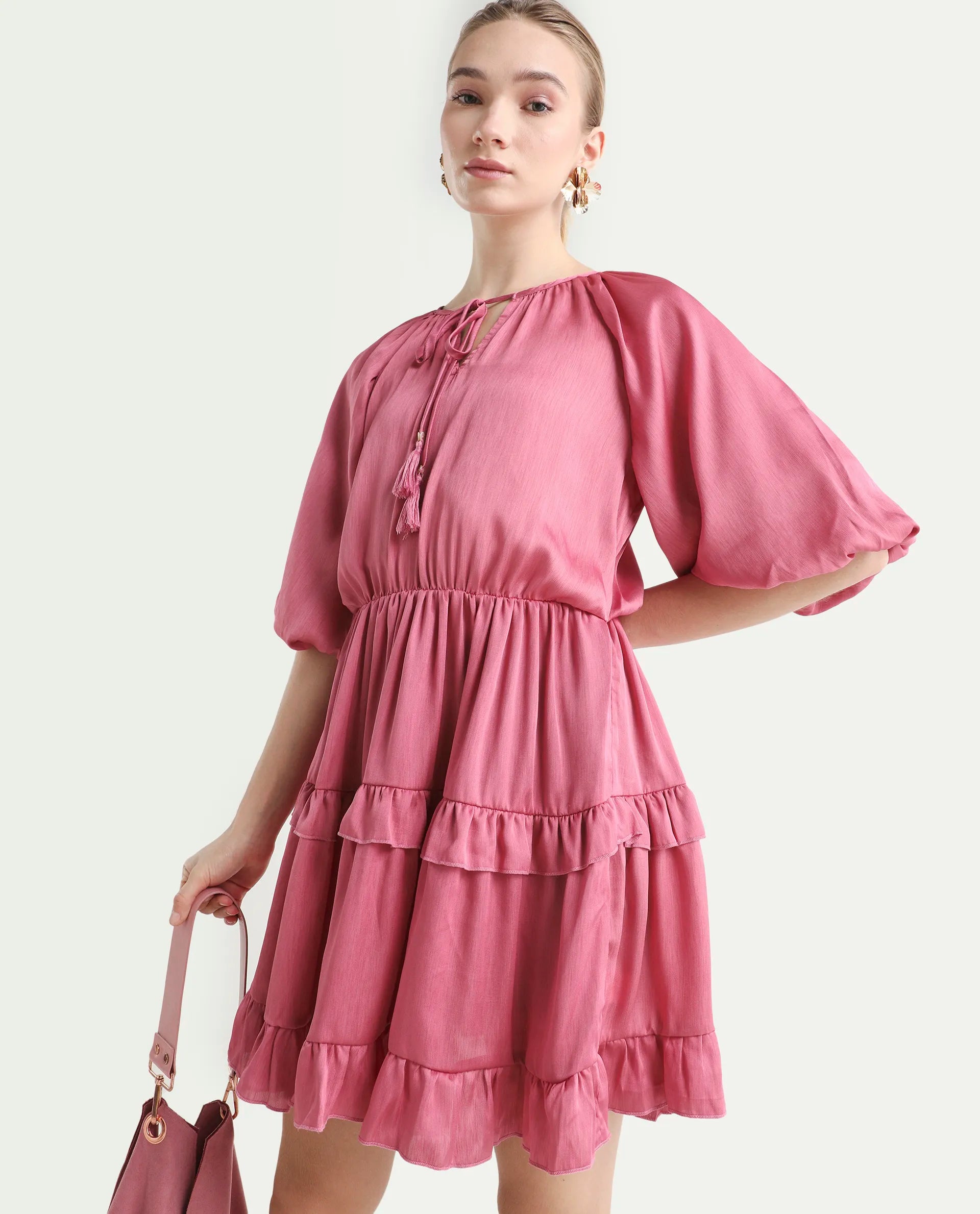 Rareism Women's Zeke Pink Polyester Tie-Up Neck Plain Raglan Sleeve Mini Regular Fit Dress