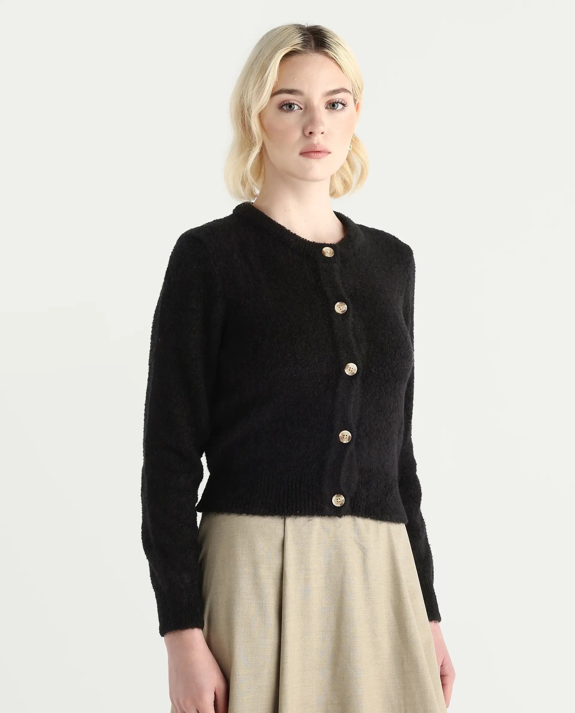 Rareism Women's Zer Black Acrylic Blend Crew Neck Regular Fit Cardigan