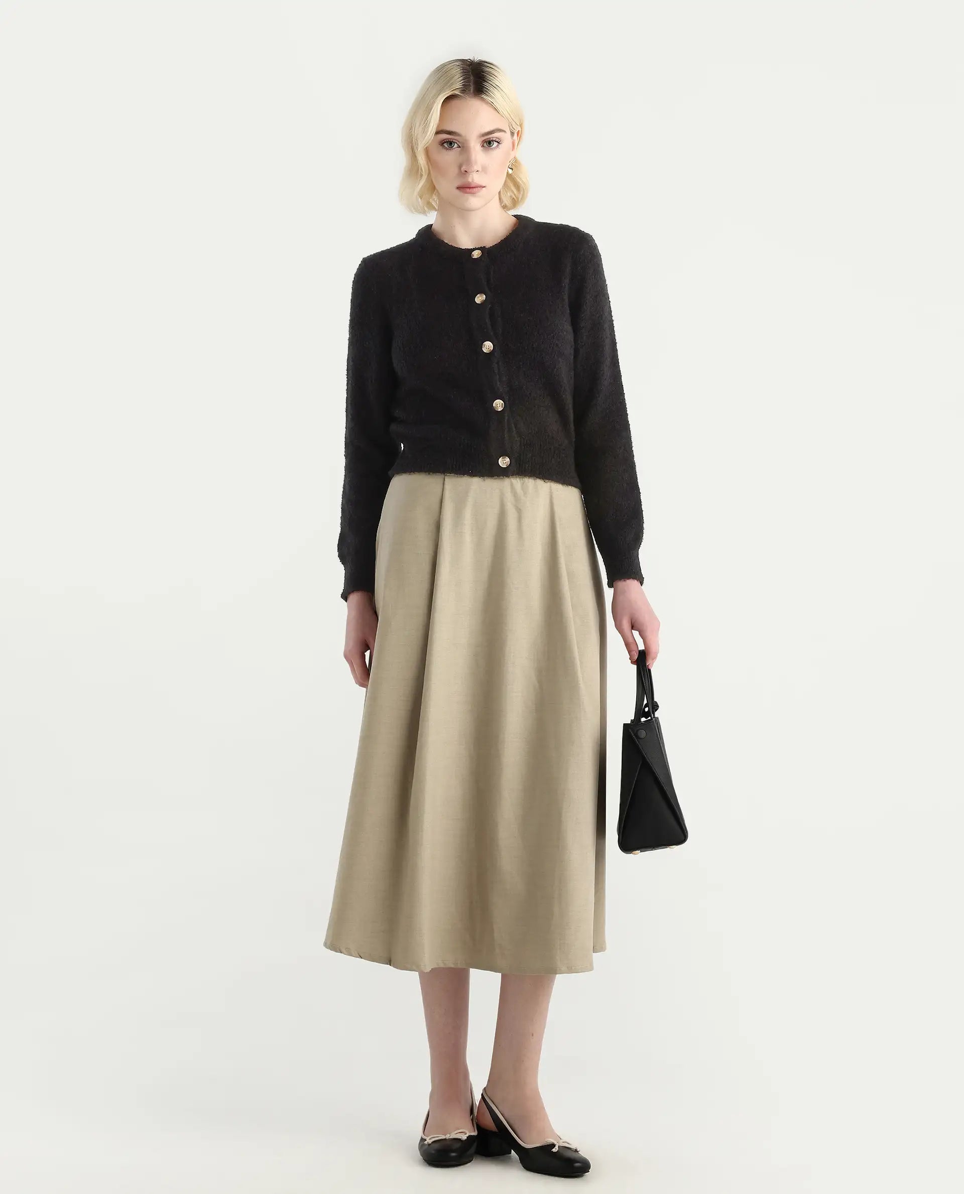 Rareism Women's Zer Black Acrylic Blend Crew Neck Regular Fit Cardigan