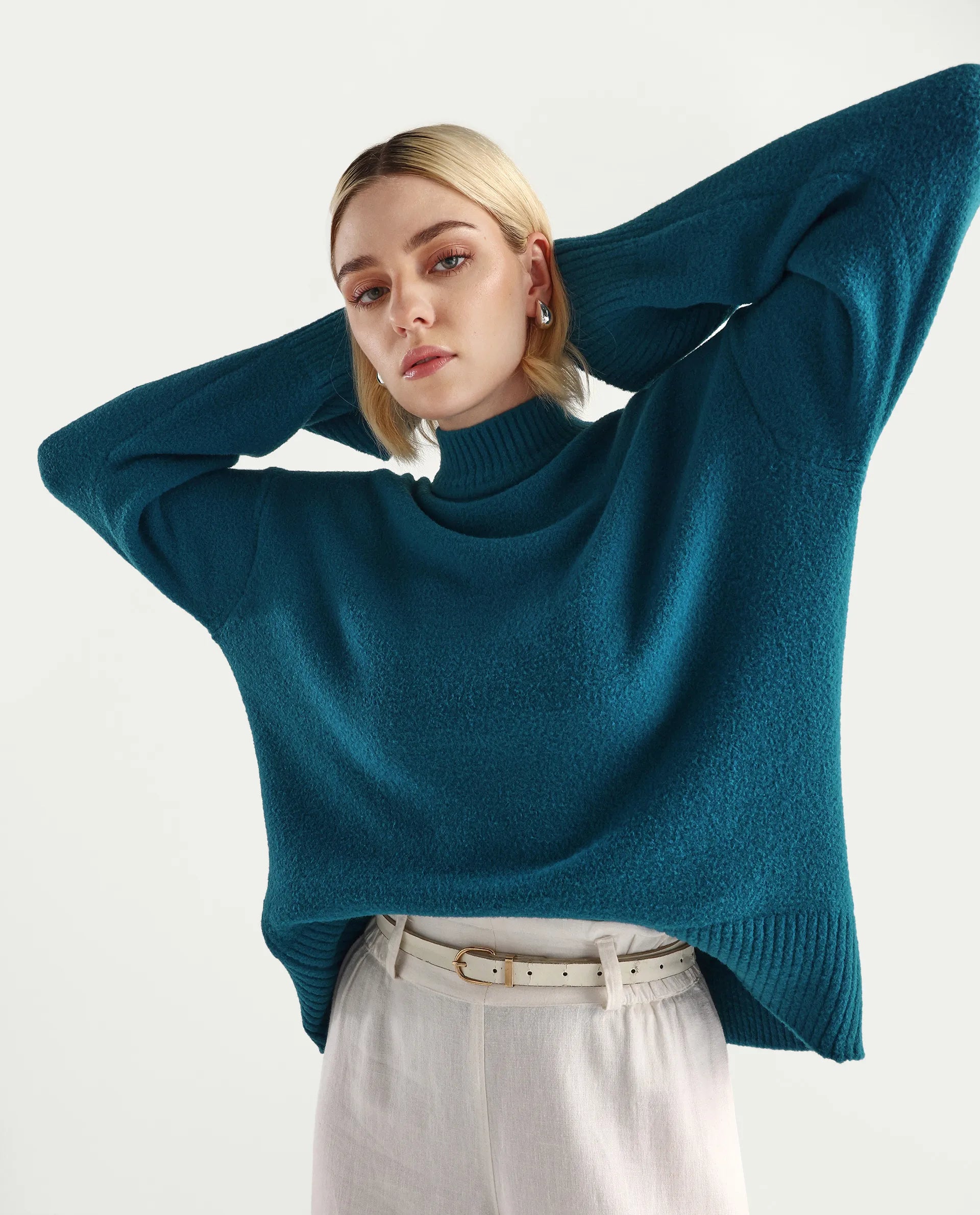 Rareism Women's Zilli Dark Petrol Nylon High Neck Oversize Fit Sweater