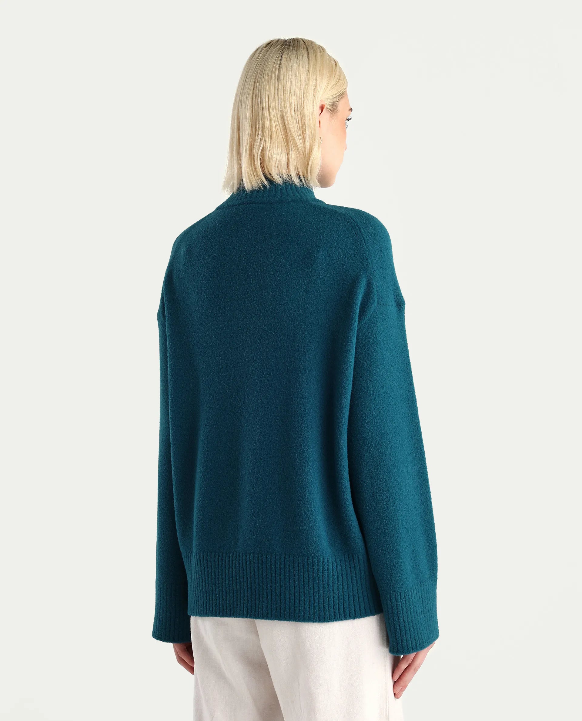 Rareism Women's Zilli Dark Petrol Nylon High Neck Oversize Fit Sweater