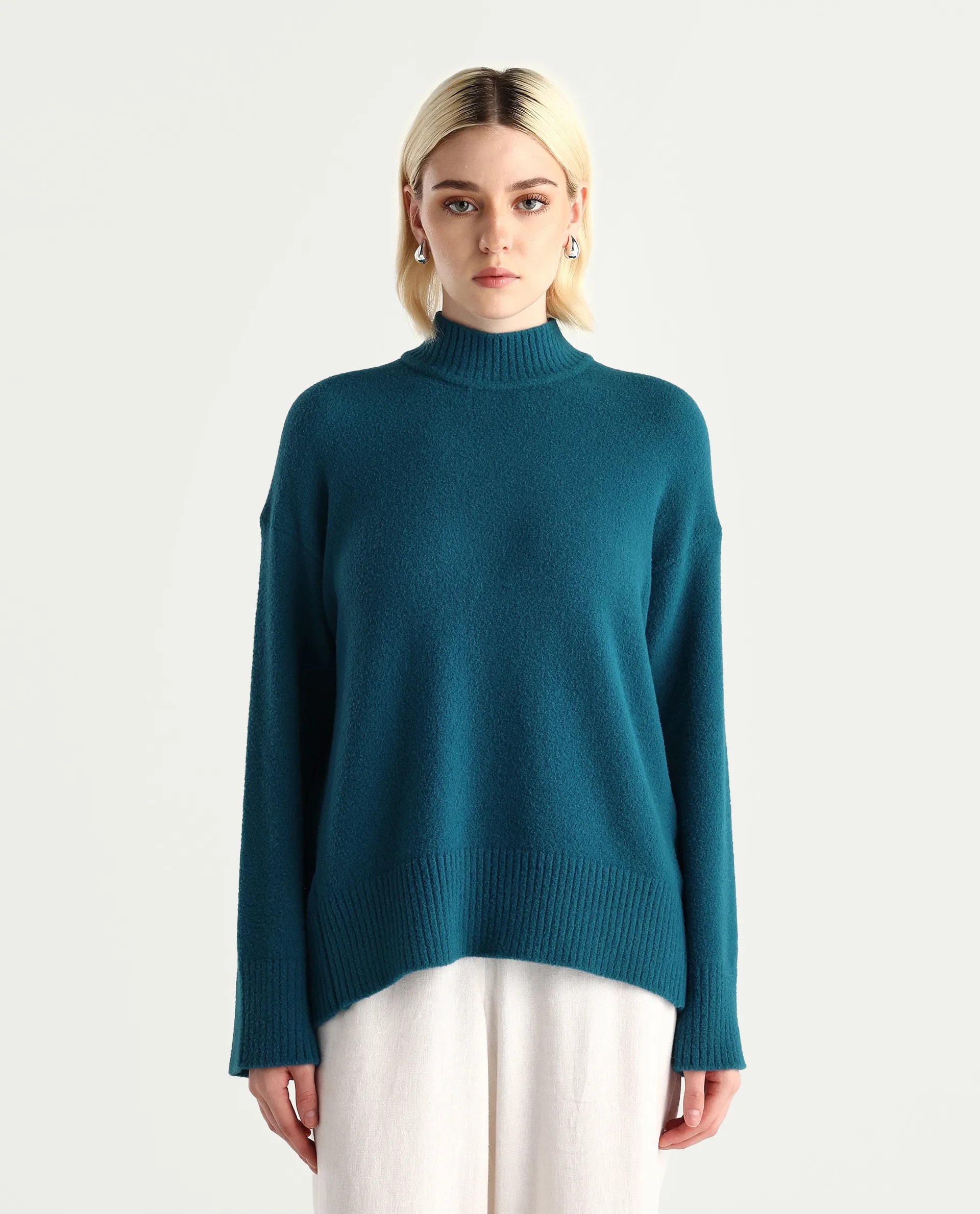 Rareism Women's Zilli Dark Petrol Nylon High Neck Oversize Fit Sweater