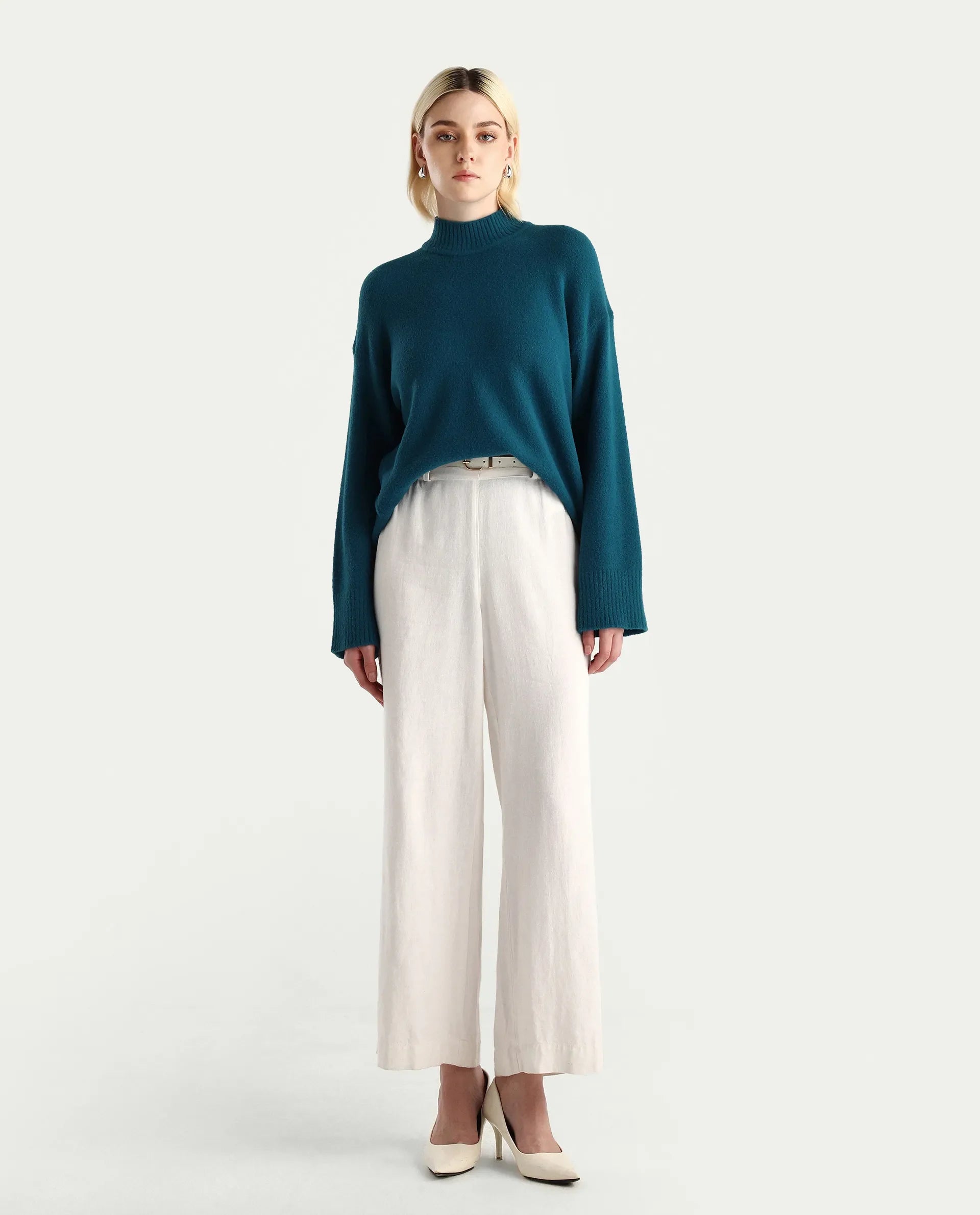 Rareism Women's Zilli Dark Petrol Nylon High Neck Oversize Fit Sweater