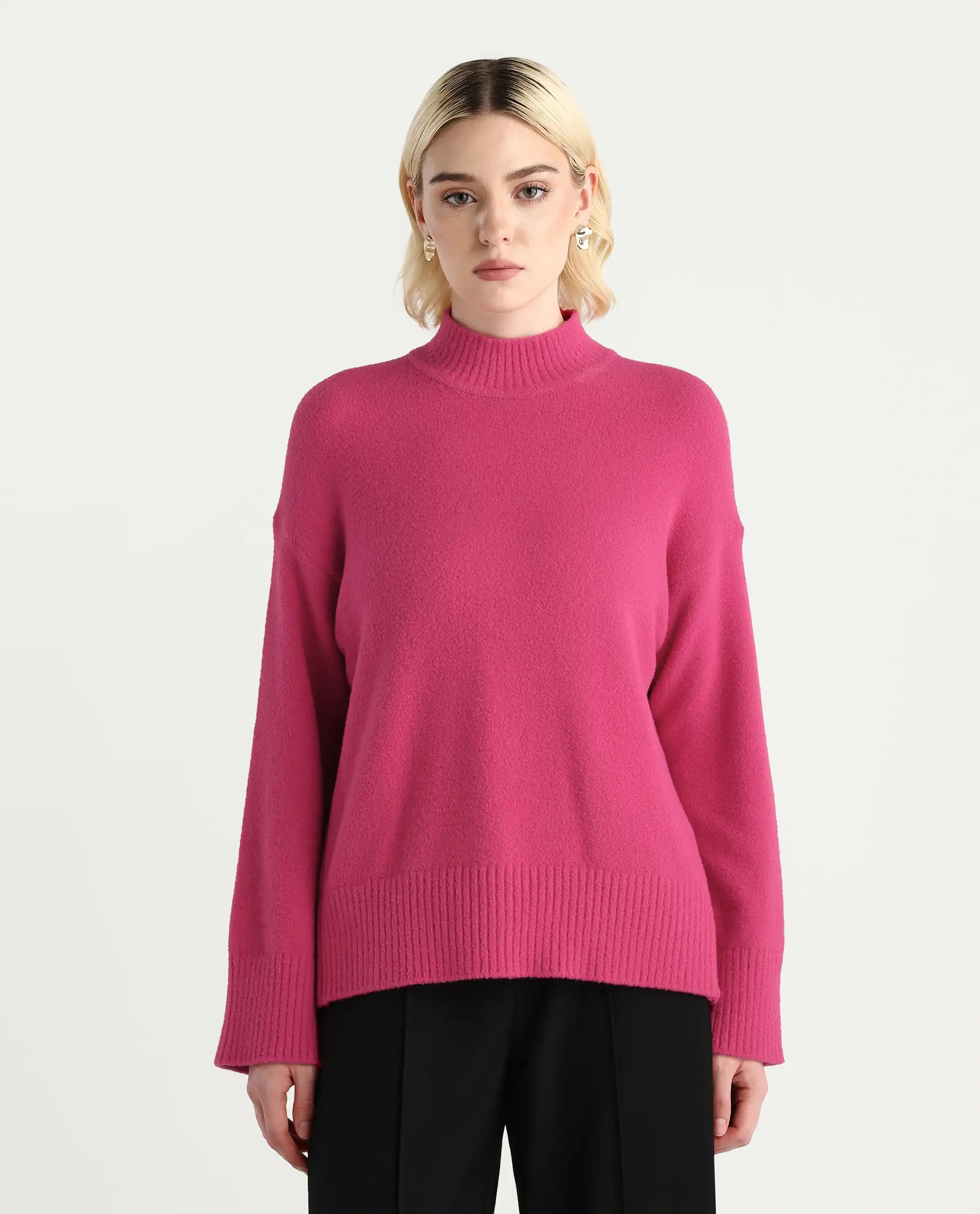 Rareism Women's Zilli Pink Nylon High Neck Oversize Fit Sweater