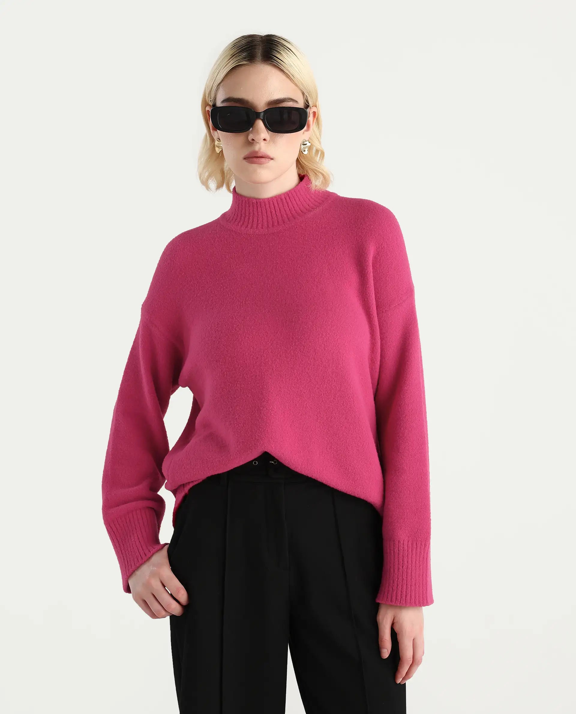 Rareism Women's Zilli Pink Nylon High Neck Oversize Fit Sweater