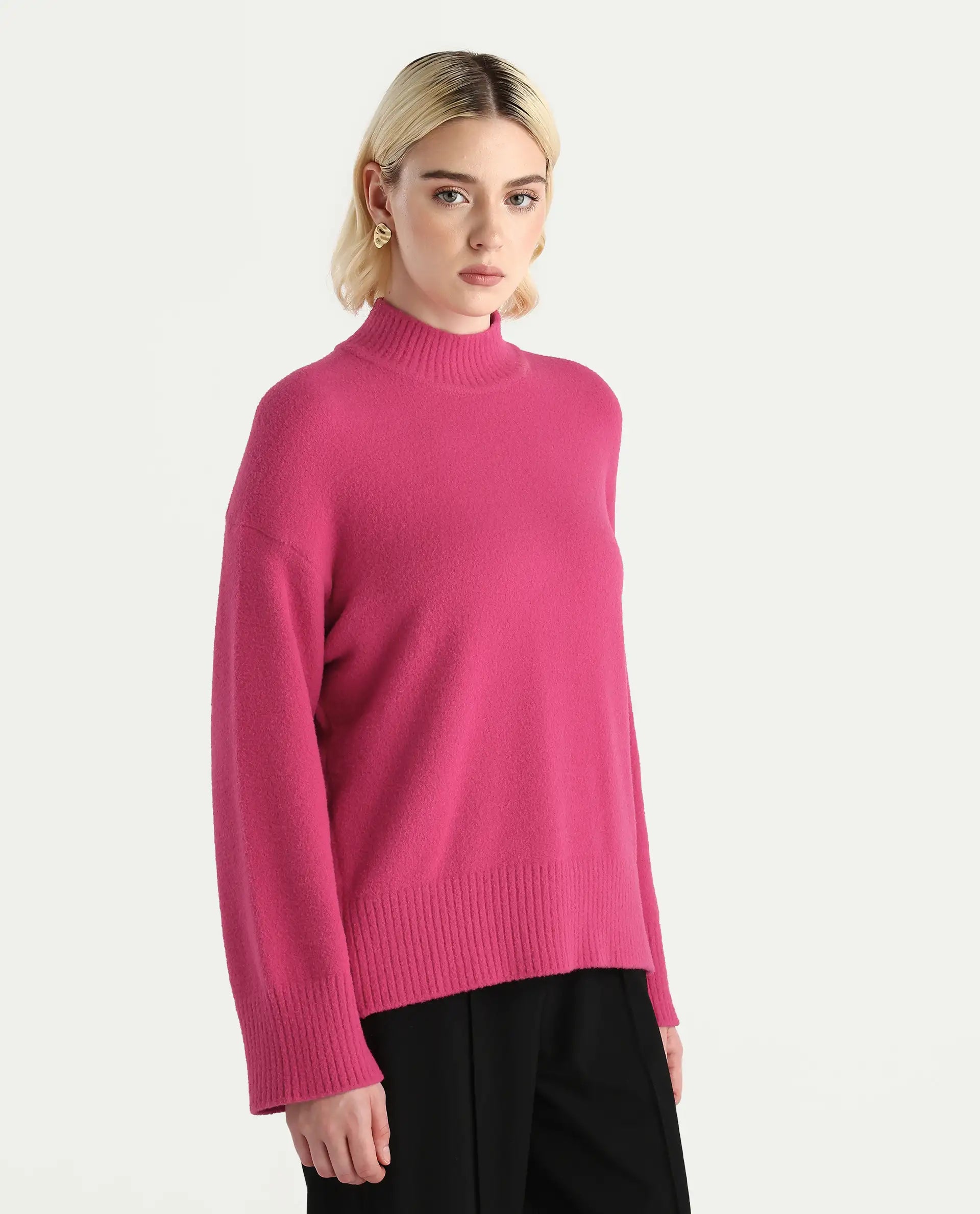 Rareism Women's Zilli Pink Nylon High Neck Oversize Fit Sweater