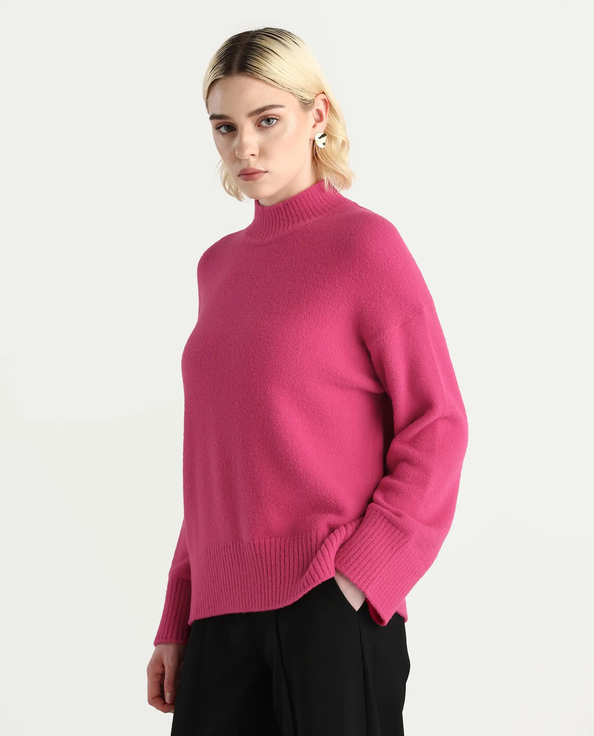 Rareism Women's Zilli Pink Nylon High Neck Oversize Fit Sweater