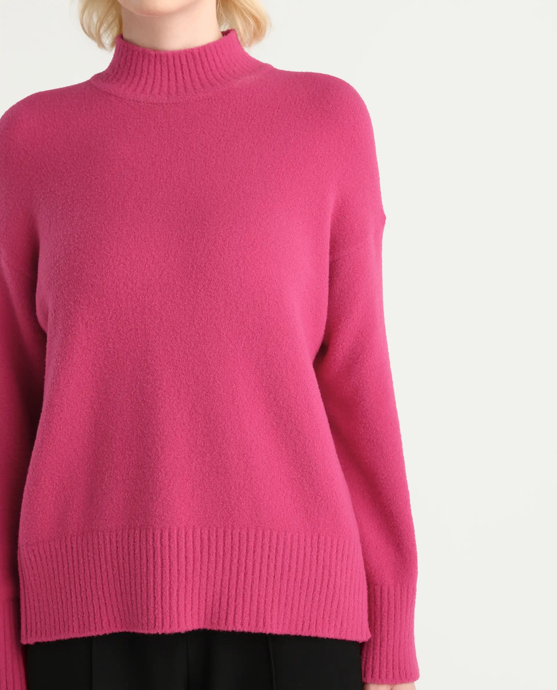 Rareism Women's Zilli Pink Nylon High Neck Oversize Fit Sweater