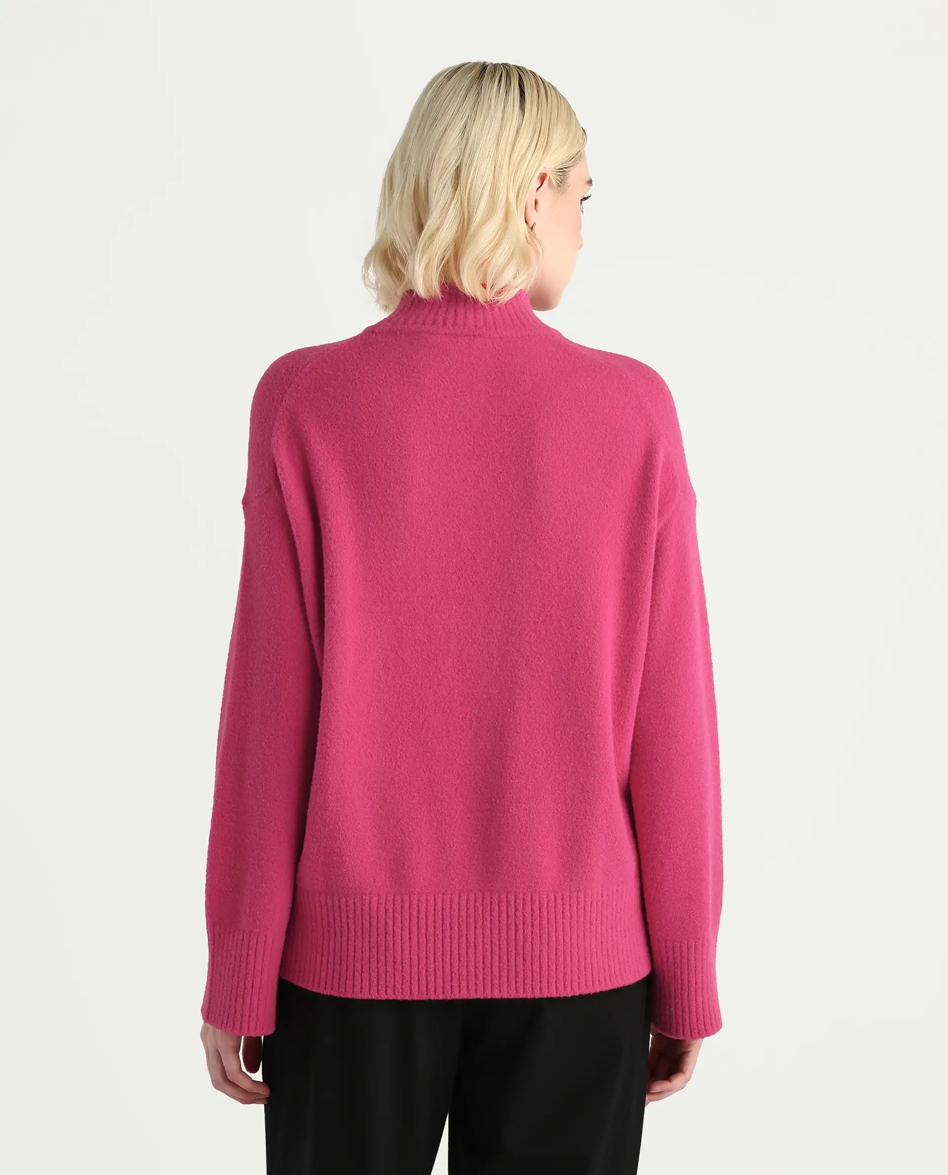 Rareism Women's Zilli Pink Nylon High Neck Oversize Fit Sweater