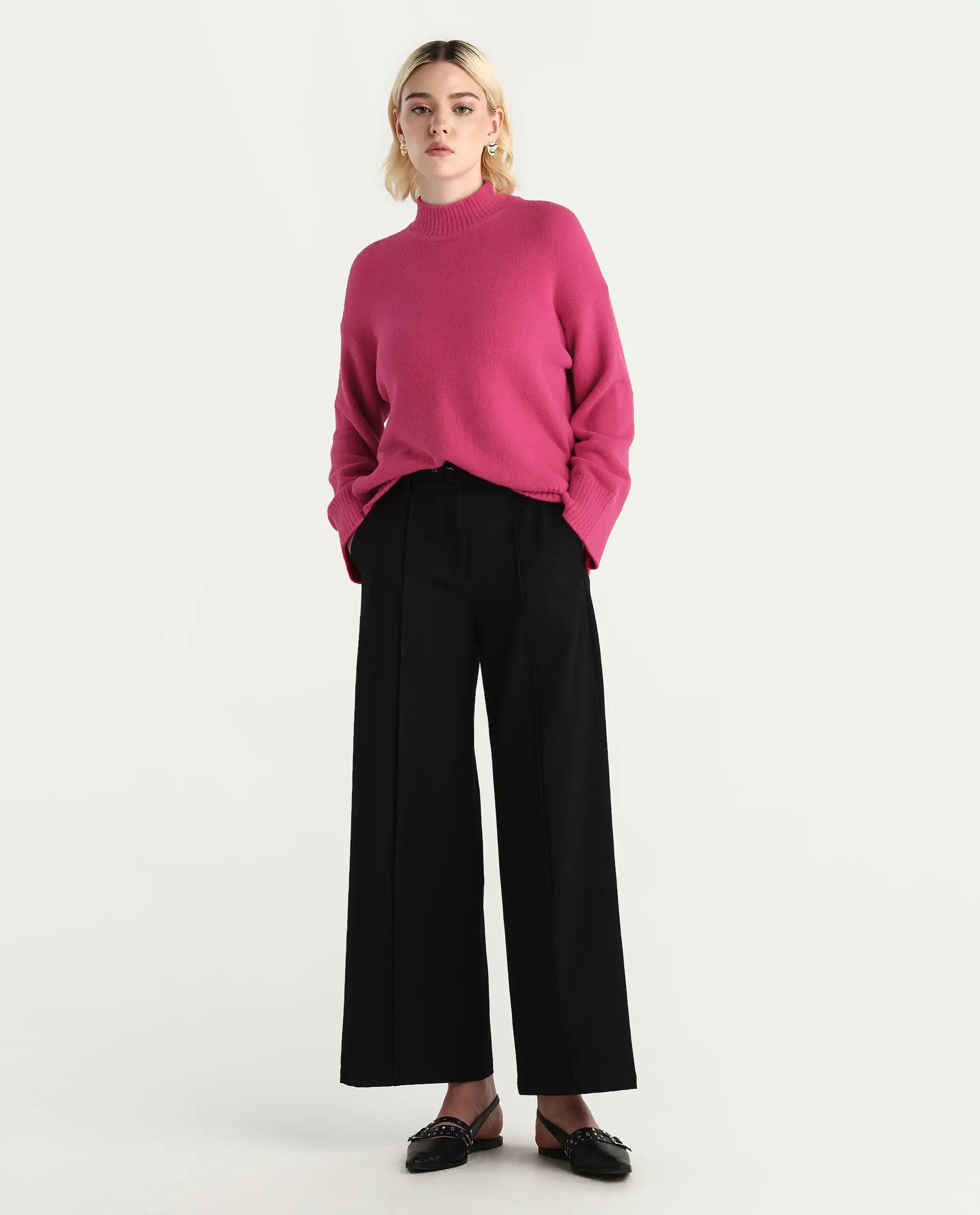 Rareism Women's Zilli Pink Nylon High Neck Oversize Fit Sweater