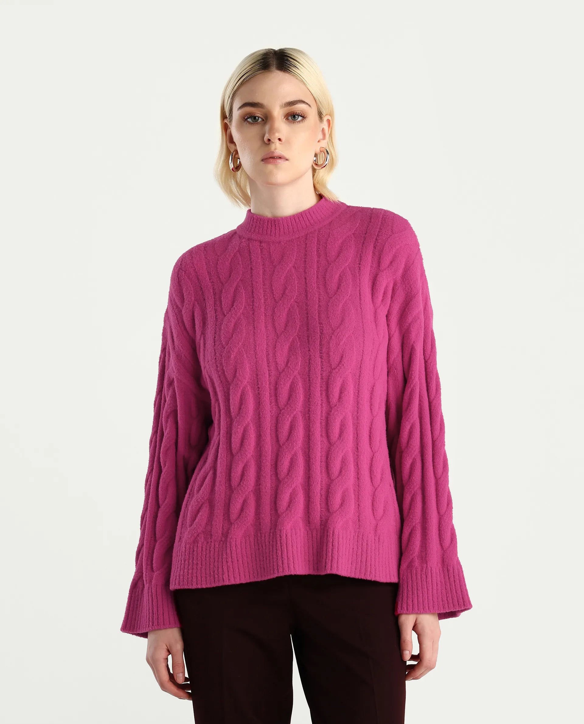 Rareism Women's Ziv Dark Pink Nylon High Neck Oversize Fit Sweater