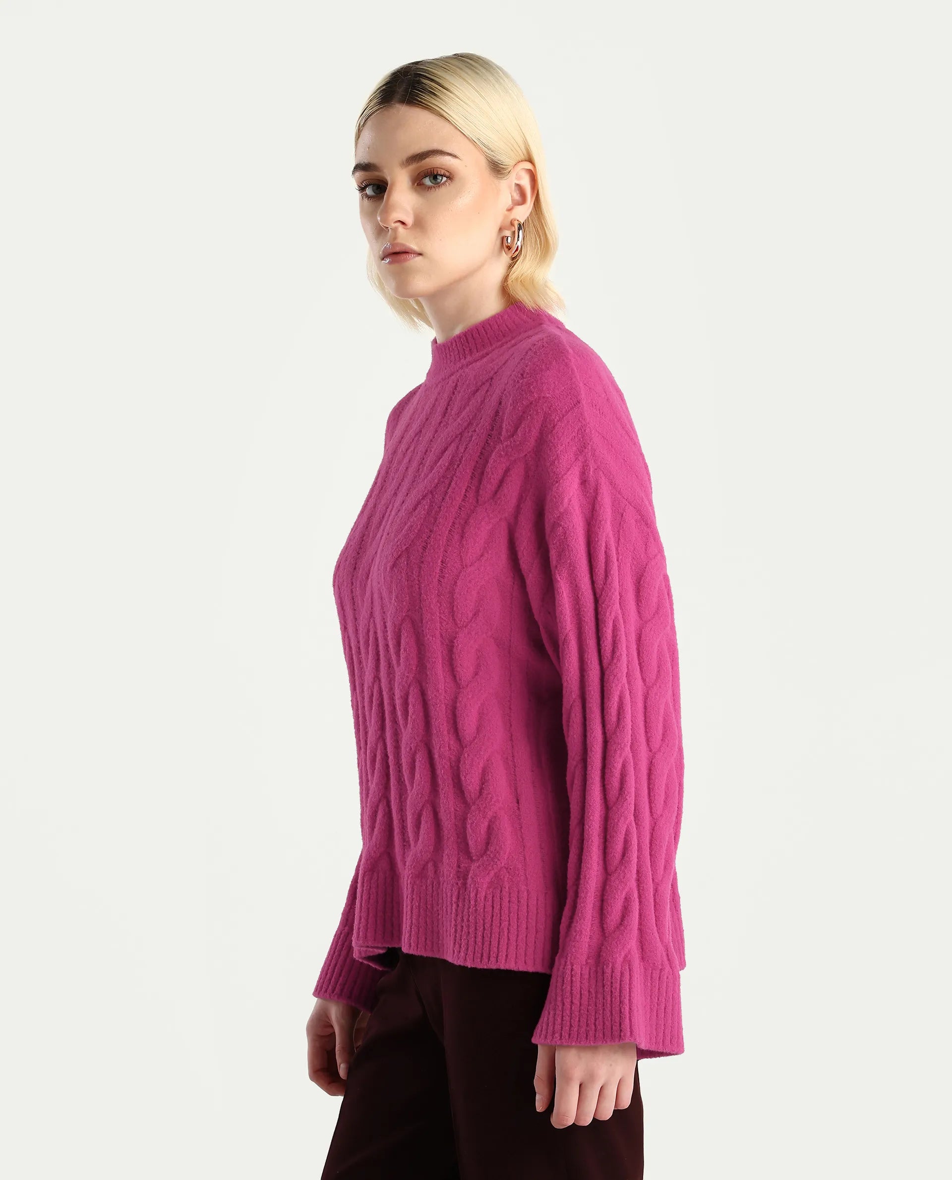 Rareism Women's Ziv Dark Pink Nylon High Neck Oversize Fit Sweater