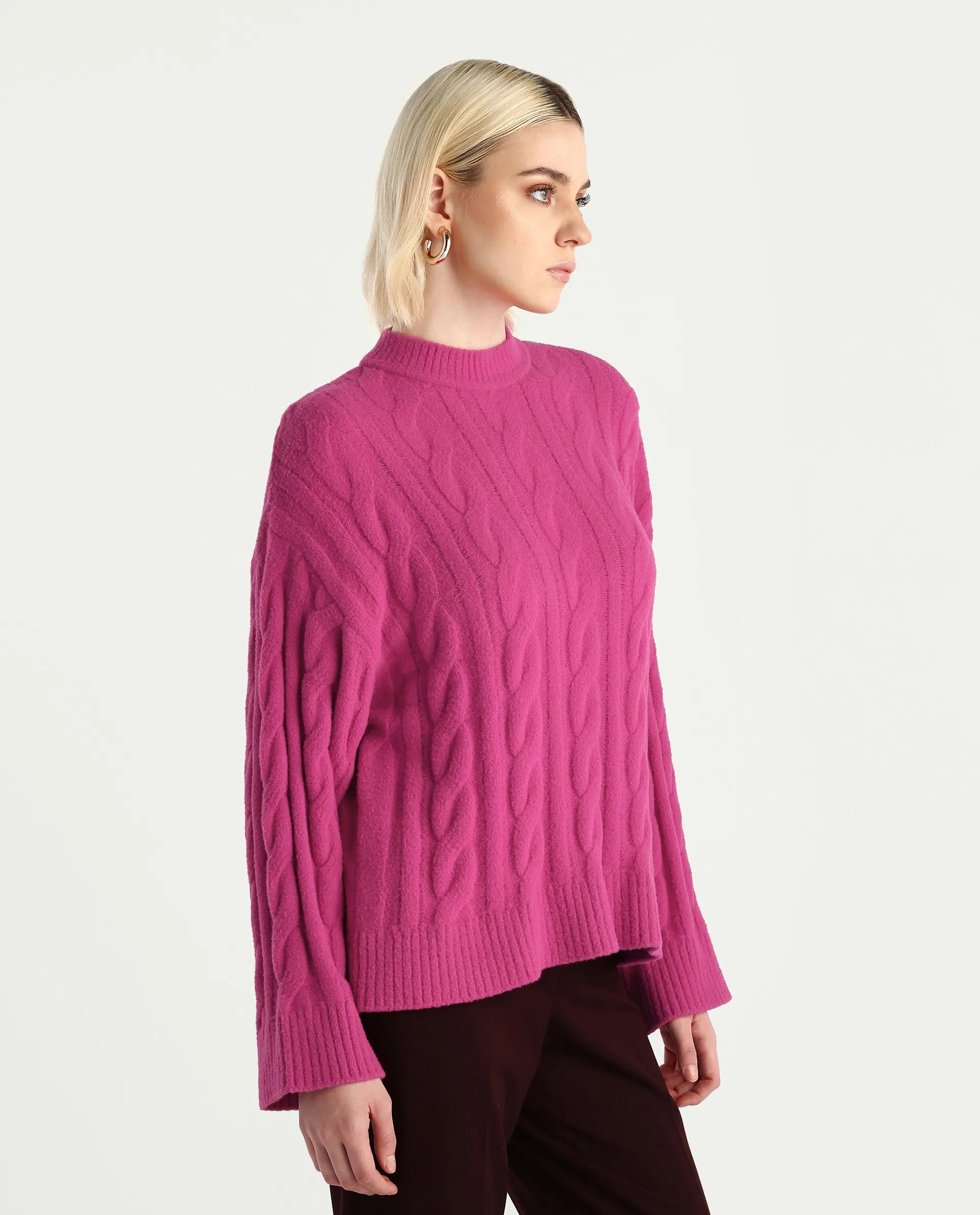 Rareism Women's Ziv Dark Pink Nylon High Neck Oversize Fit Sweater