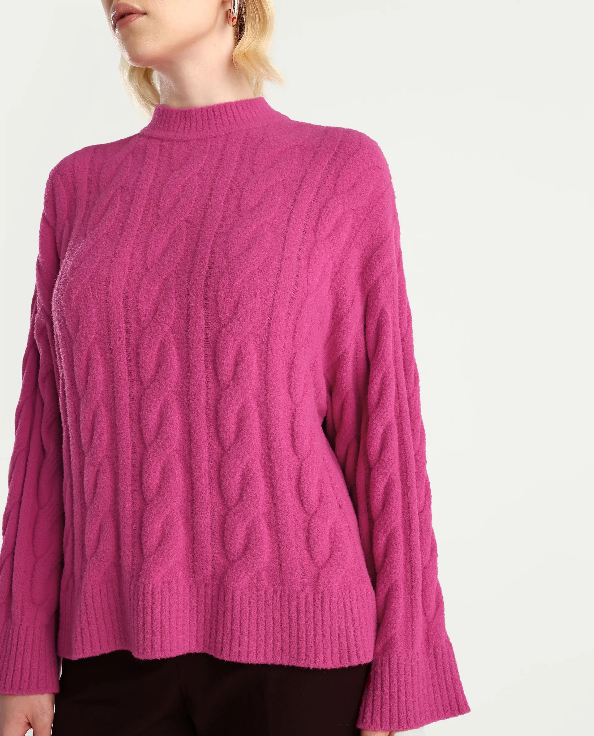 Rareism Women's Ziv Dark Pink Nylon High Neck Oversize Fit Sweater