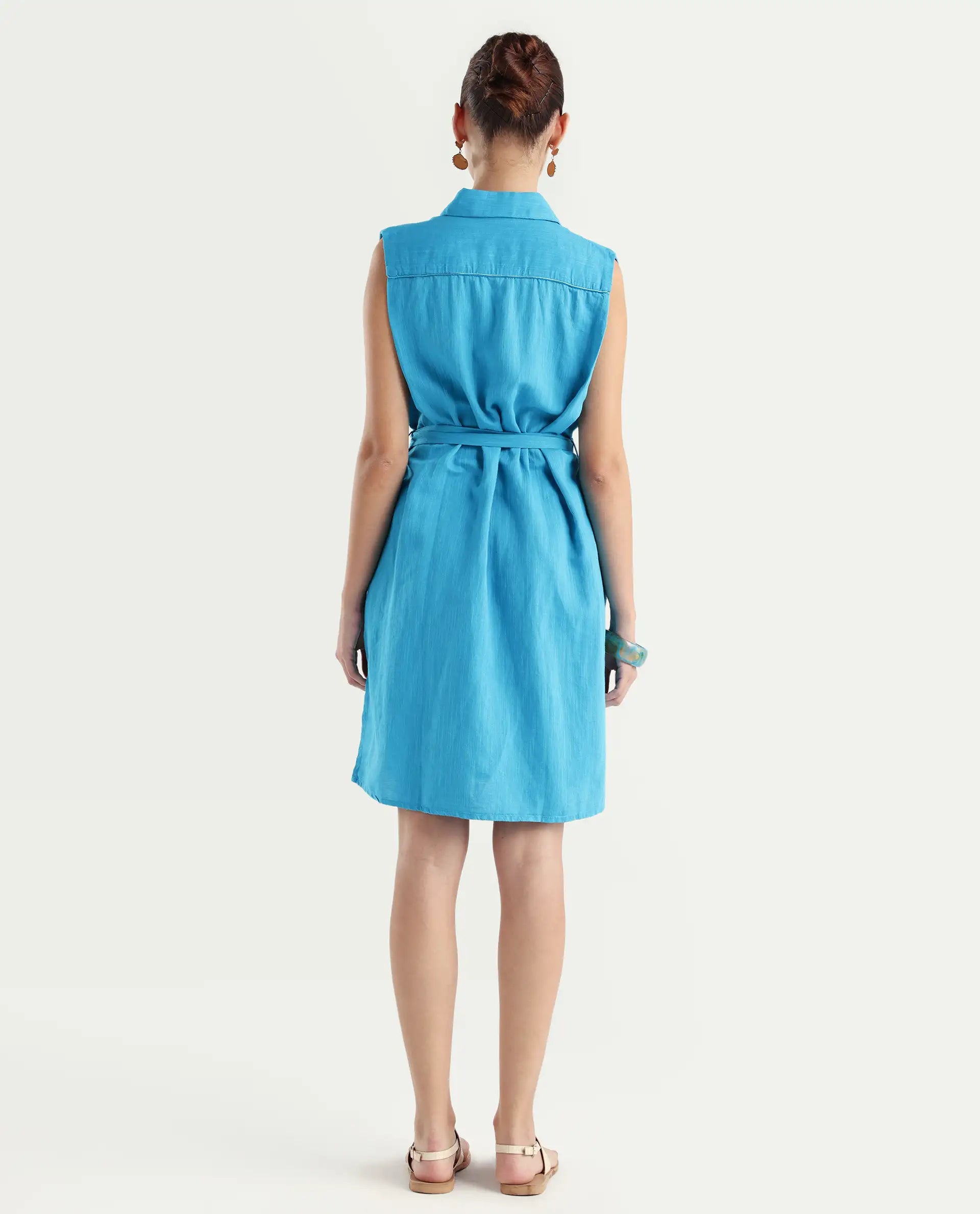 Rareism Women's Zolaa Blue Linen Spread Collar Plain Sleeveless Mini Regular Fit Dress