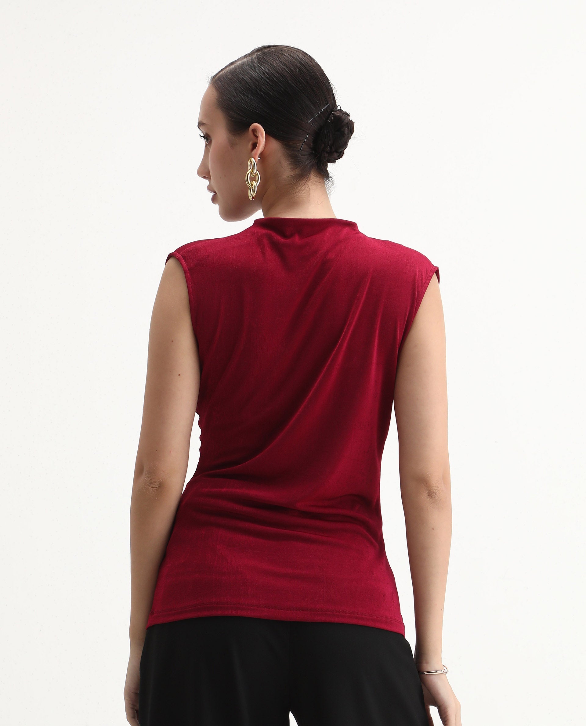 Rareism Women's Zoptus Dark Red Cotton High Neck Regular Fit Plain Top