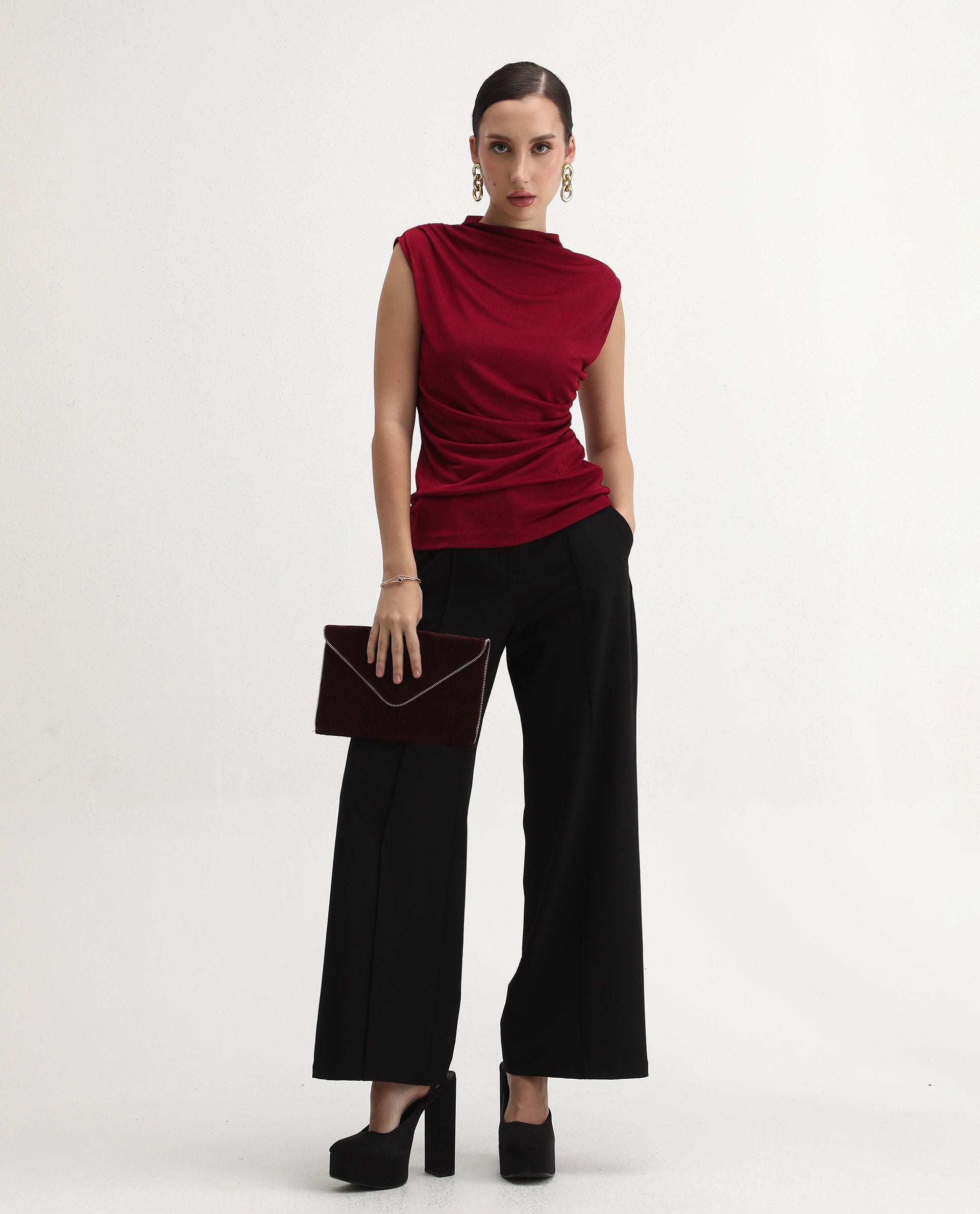 Rareism Women's Zoptus Dark Red Polyester Blend High Neck Regular Fit Plain Top