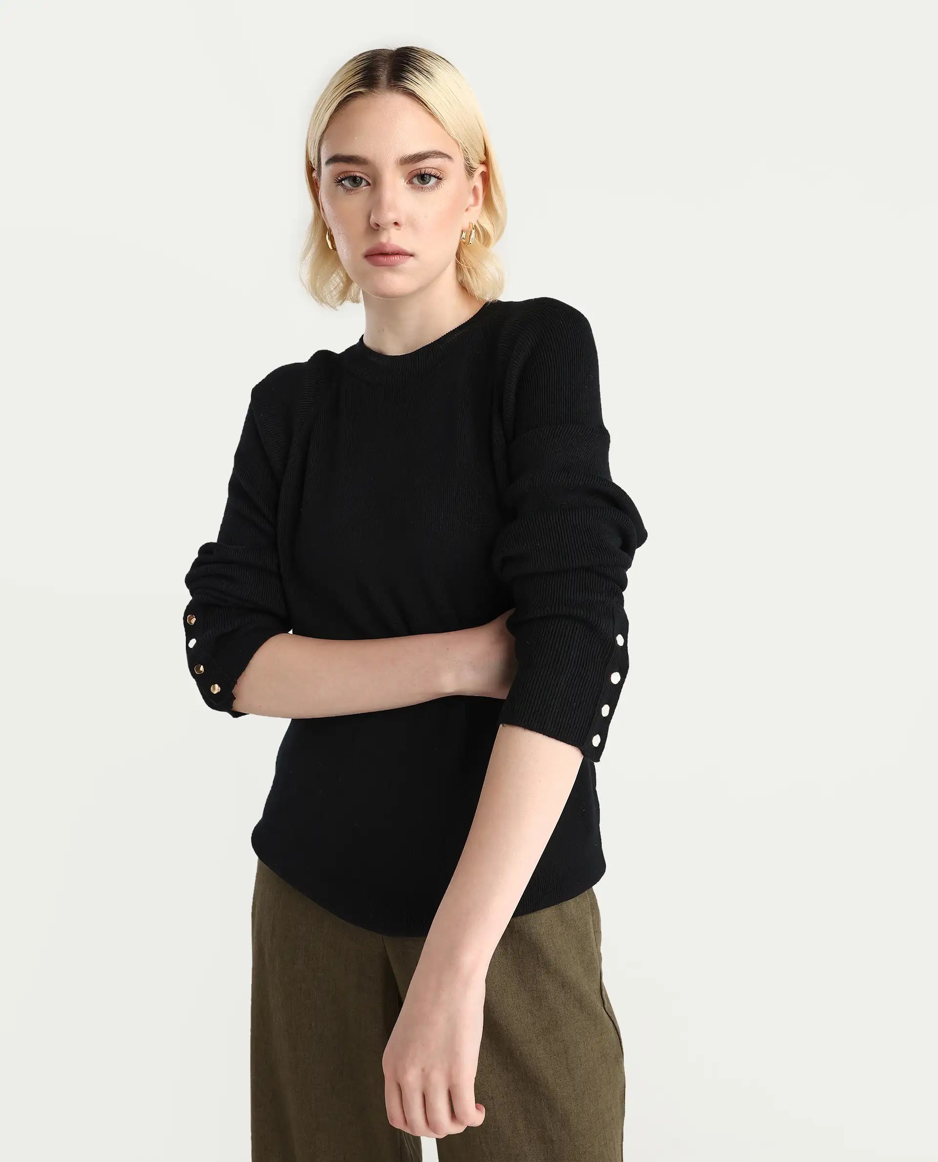 Rareism Women's Zora Black Viscose Blend Crew Neck Relaxed Fit Sweater