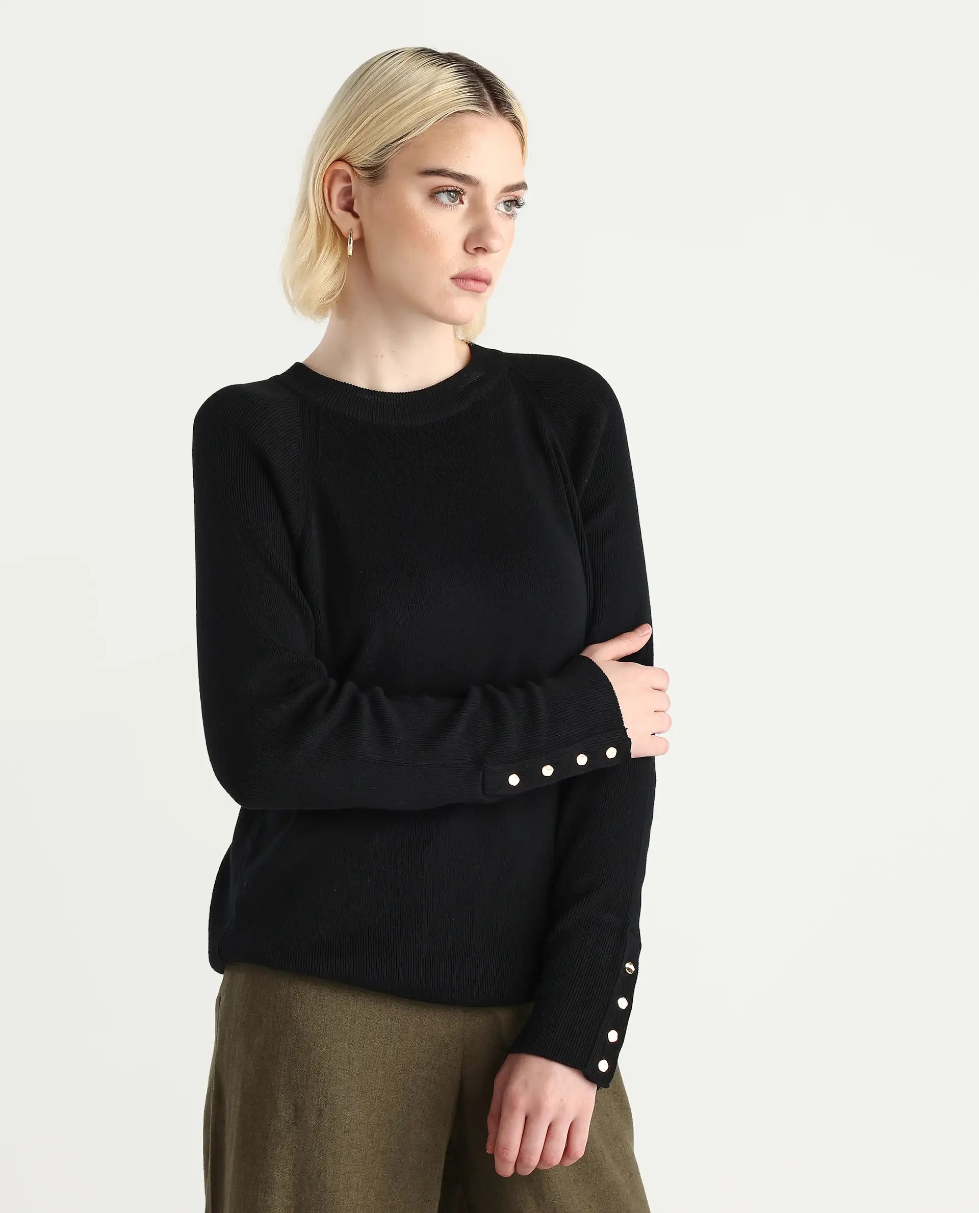 Rareism Women's Zora Black Viscose Blend Crew Neck Relaxed Fit Sweater