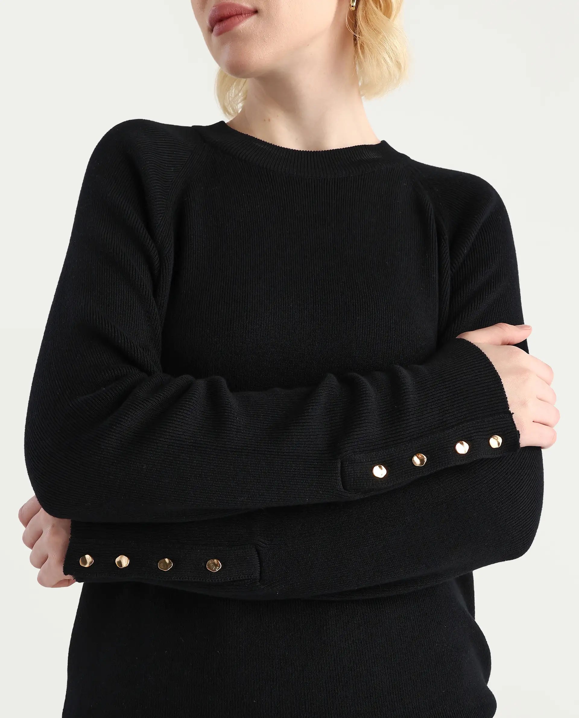 Rareism Women's Zora Black Viscose Blend Crew Neck Relaxed Fit Sweater