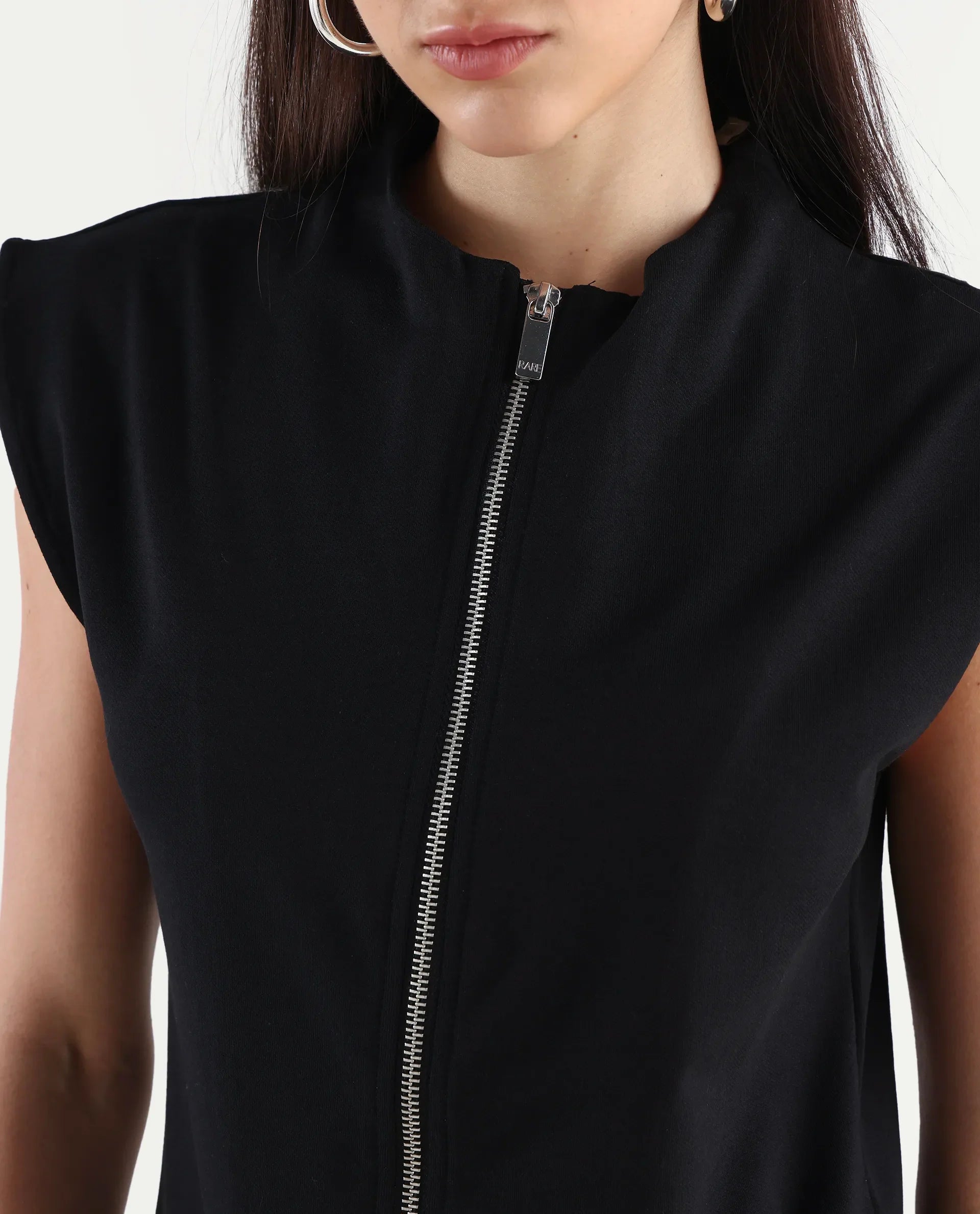 Rareism Women's Zuria Black Cotton Blend High Neck Dyed Extended Sleeves Relaxed Fit Sweatshirt