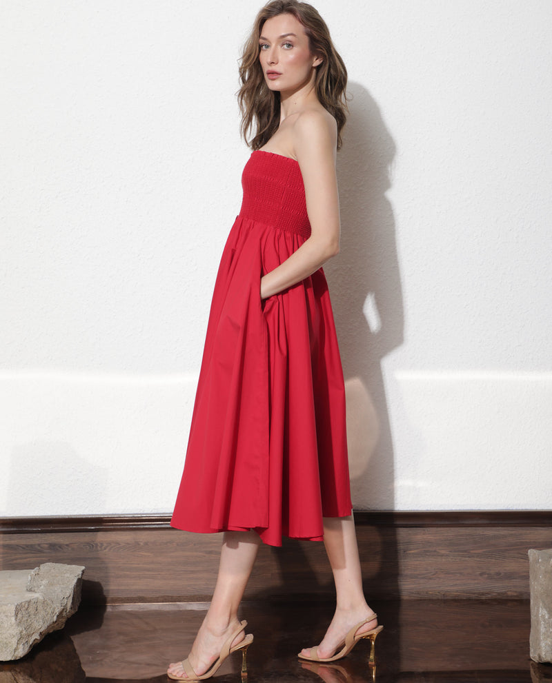 Rareism Women Zozo Red Off Shoulder With Detachable Shoulder Straps And Pockets Smocked Midi Dress