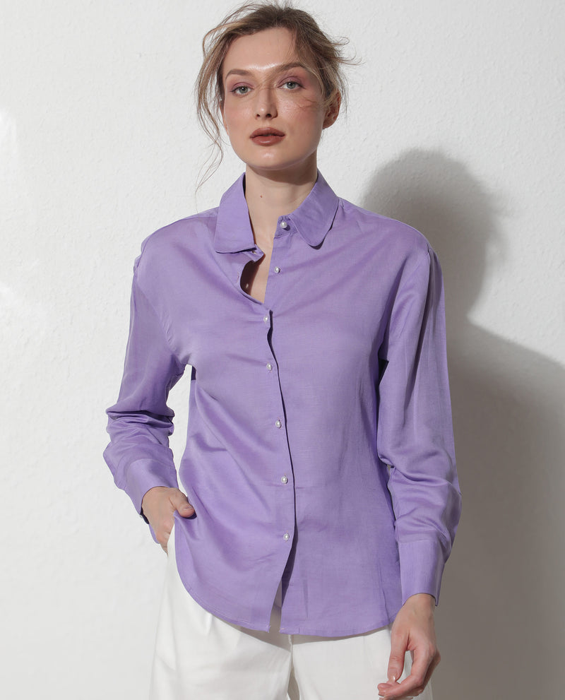 Rareism Women'S Jayleen Fluorescent Purple Modal Linen Fabric Full Sleeves Button Closure Shirt Collar Slim Fit Plain Top