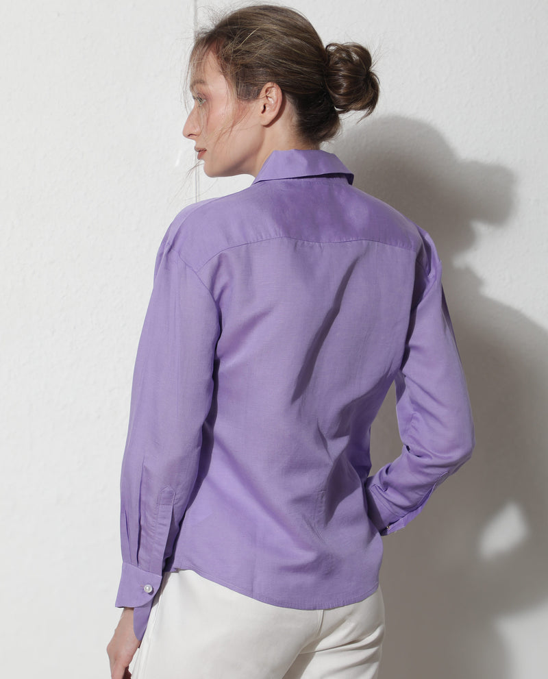 Rareism Women'S Jayleen Fluorescent Purple Modal Linen Fabric Full Sleeves Button Closure Shirt Collar Slim Fit Plain Top